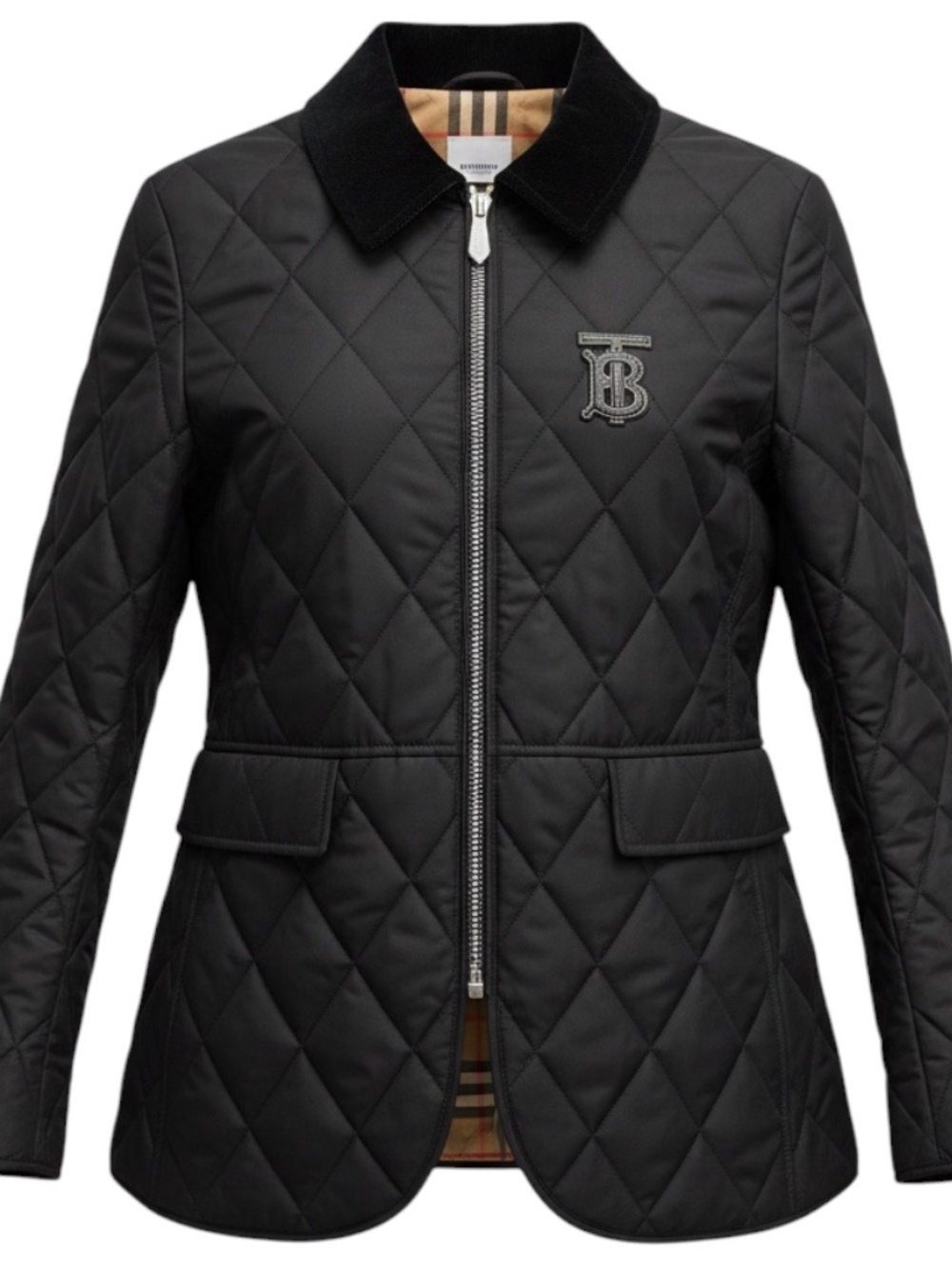 BURBERRY NAVY BLUE QUILTED ZIP FRONT NOVA CHECK LINED JACKET WITH PATCH DETAIL A